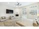 Bright main bedroom features a fireplace, ceiling fan, and large windows at 801 Aquitaine Ct, Las Vegas, NV 89145