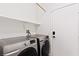 Convenient laundry room with modern washer and dryer units, shelving, and a door at 9630 Tuscola Ct, Las Vegas, NV 89148