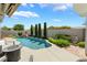 Inviting backyard with a shimmering pool, lush landscaping, and a cozy seating area for serene outdoor living at 10579 Garden Rose Dr, Las Vegas, NV 89135