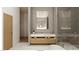 Modern bathroom with double vanity, marble countertop, wood cabinets, and a freestanding tub at 5885 St Ebbes Ct, Las Vegas, NV 89131