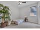 Cozy bedroom with plush carpeting, a ceiling fan, a large window, and a charming teddy bear collection at 6934 Alexandrite Peak St, Las Vegas, NV 89148