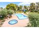 Aerial view of pool and hot tub, surrounded by trees and lounge chairs at 750 S Royal Crest Cir # 317, Las Vegas, NV 89169
