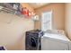 Compact laundry room with a modern washer and dryer and built in storage shelves at 978 Valetta Flat Ave, Las Vegas, NV 89183
