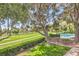 Tranquil view of a lush backyard bordering a golf course, featuring a swimming pool and mature trees at 1034 Tam O Shanter, Las Vegas, NV 89109