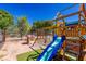Outdoor playset area featuring a playhouse, slide, and swing set in the backyard at 208 W Alma St, Overton, NV 89040