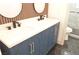 Modern bathroom featuring a blue double vanity with white countertop and matte black faucets at 7413 Red Eagle St, Las Vegas, NV 89131