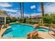 Beautiful backyard pool and landscaping with palm trees at 2209 Glenbrook Way, Las Vegas, NV 89117