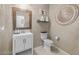 Stylish powder room with modern fixtures, a white vanity, and decorative wall art at 4465 Shimmering Skies St # 1177, North Las Vegas, NV 89031