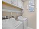 Well-equipped laundry room with a washer, dryer, and ample shelving at 4465 Shimmering Skies St # 1177, North Las Vegas, NV 89031