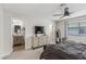 Bedroom boasting a TV, ceiling fan, and bathroom and closet access at 2451 Old Forge Ln # 105, Las Vegas, NV 89121