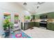 Cozy kitchen featuring olive green cabinetry, stainless steel appliances, and a bright, colorful rug at 4329 Skimmers Ct, North Las Vegas, NV 89084