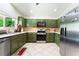 Kitchen featuring stainless steel appliances, olive green cabinetry, and stone-look backsplash at 4329 Skimmers Ct, North Las Vegas, NV 89084