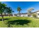 Expansive backyard with lush lawn, swimming pool, palm trees, patio seating, and attached single-story home at 6419 Eldora Ave, Las Vegas, NV 89146