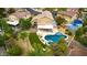 A comprehensive aerial shot displays the backyard oasis with pool, spa, and landscaped grounds at 8253 Ruby Mountain Way, Las Vegas, NV 89128