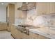 A modern kitchen featuring stainless steel appliances and marbled countertops and backsplash at 19 Rue Grimaldi Way, Henderson, NV 89011
