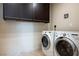 Functional laundry room with washer, dryer, tile floors, and upper cabinets for storage at 2700 Las Vegas Blvd # 4305, Las Vegas, NV 89109
