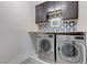 Laundry room featuring front load machines, stylish backsplash, and built in shelving at 3144 Tronzano Ave, Henderson, NV 89044
