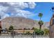 The property showcases a mountain view, tropical trees, and other residences in the area at 5731 Fonchester Ct, Las Vegas, NV 89110