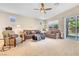 Cozy living room with comfortable seating, neutral decor, and a sliding glass door to the backyard at 7070 Cinder Horse St, Las Vegas, NV 89131