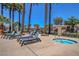 Community pool area with lounge chairs surrounded by palm trees offers a relaxing outdoor retreat at 9215 Penn Station St, Las Vegas, NV 89123