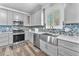 Modern kitchen with stainless steel appliances, blue backsplash, gray cabinets, and farmhouse sink at 2268 Alanhurst Dr, Henderson, NV 89052
