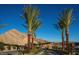Grand entrance to a planned community featuring palm trees, desert landscaping, and a mountain backdrop at 3131 Reverence Heights Ln, Las Vegas, NV 89138