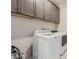 Functional laundry room with overhead cabinets, a washer, and a dryer for easy clothes care at 5741 N Park St, Las Vegas, NV 89149