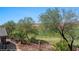 Backyard featuring desert landscaping, stone fence, mature trees, and golf course views at 653 Paloma Cir, Mesquite, NV 89027