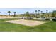 Beautifully maintained community sand volleyball court surrounded by green grass and palm trees at 653 Paloma Cir, Mesquite, NV 89027