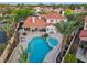 A well-manicured backyard featuring a pool, spa, covered patio, and lush tropical landscaping at 8104 Wispy Sage Way, Las Vegas, NV 89149