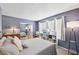 Cozy bedroom featuring a plush bed with blue accent wall and natural light from the windows at 2809 Du Barry Manor Ln, Las Vegas, NV 89108
