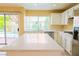 Modern kitchen with white cabinets, stainless steel appliances, granite countertops, and backyard views at 7840 Millhopper Ave, Las Vegas, NV 89128