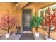Inviting front porch with unique colorful foliage, stylish lanterns and a black front door at 409 Lake Windemere St, Las Vegas, NV 89138