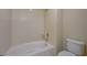 This bathroom features a standard tub, shower and toilet, all in matching white at 50 E Serene Ave # 420, Las Vegas, NV 89123
