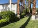 Well-manicured front lawn with lush green grass and mature palm trees surrounding this white home at 5024 Starfinder Ave, Las Vegas, NV 89108