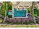 A top-down aerial view of a backyard featuring a swimming pool, hot tub, patio furniture, and lush green landscaping at , Las Vegas, NV 89138
