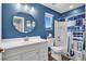 Bright blue bathroom with modern vanity, round mirror, and fun Star Wars shower curtain at 10426 Mount Washington Ave, Las Vegas, NV 89166