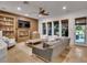 Cozy living room with a fireplace, built-in shelving, and comfortable seating area at 12056 Royal Dolnoch Ct, Las Vegas, NV 89141