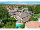 Aerial view of a beautiful home showcasing the backyard pool, lush green lawn, and neighborhood at 2325 Prometheus Ct, Henderson, NV 89074