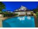 A luxurious backyard pool with a covered patio and plenty of seating, perfect for outdoor entertaining at night at 2325 Prometheus Ct, Henderson, NV 89074