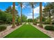 Scenic street view lined with mature palm trees and lush greenery, enhancing the neighborhood's curb appeal at 2325 Prometheus Ct, Henderson, NV 89074