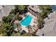 Aerial view of a community pool surrounded by palm trees, lush greenery, and resort-style amenities at 701 Peachy Canyon Cir # 201, Las Vegas, NV 89144