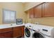 Functional laundry room with modern washer and dryer, ample counter space and cabinets at 7719 Villa Montara St, Las Vegas, NV 89123