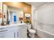Well-lit bathroom featuring a single sink vanity and shower over tub at 794 Calm Crystal Ct # Lot 139, North Las Vegas, NV 89081