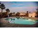 Community pool featuring palm trees and lounge area under a colorful dusk sky at 1580 Wild Willey Way, Henderson, NV 89002