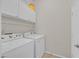 Functional laundry room equipped with a side-by-side washer and dryer, shelving, and convenient access to outside at 2309 Tedesca Dr, Henderson, NV 89052