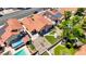 Aerial view showcasing a backyard oasis featuring artificial turf, covered patio, pool, and a garden at 2704 Miraflores Ave, Las Vegas, NV 89102