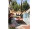 Landscaped pool area featuring garden areas, walkway, palm tree, with benches in a well-maintained community at 809 Rock Springs Dr # 202, Las Vegas, NV 89128