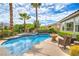Stunning pool and spa with lush landscaping, palm trees, and a relaxing seating area at 4419 Via Bianca Ave, Las Vegas, NV 89141