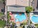 Aerial view of the private backyard oasis with a sparkling pool, spa, and mature landscaping for ultimate relaxation at 820 Colina Alta Pl, Las Vegas, NV 89138